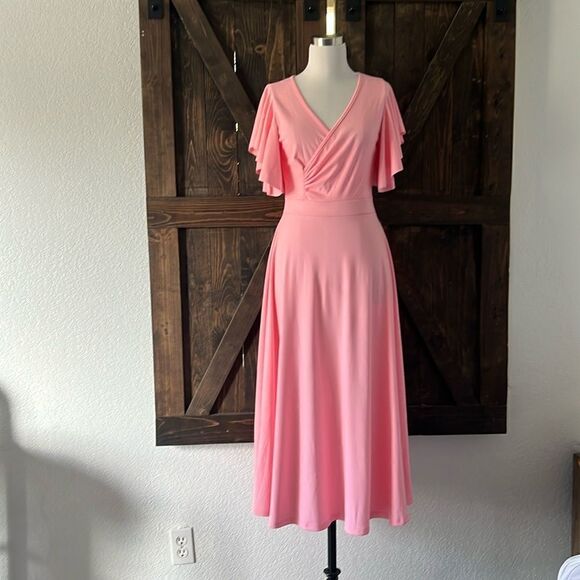 LYANER Warp V Neck Ruffle Short Sleeve A Line Swing Flared Cocktail Party Midi - Picture 3 of 10